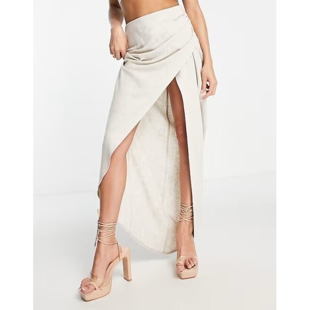 Flounce London Tall High Waist Maxi Skirt w/ Leg Split - Mink Satin - US Sz 6 - Picture 4 of 5